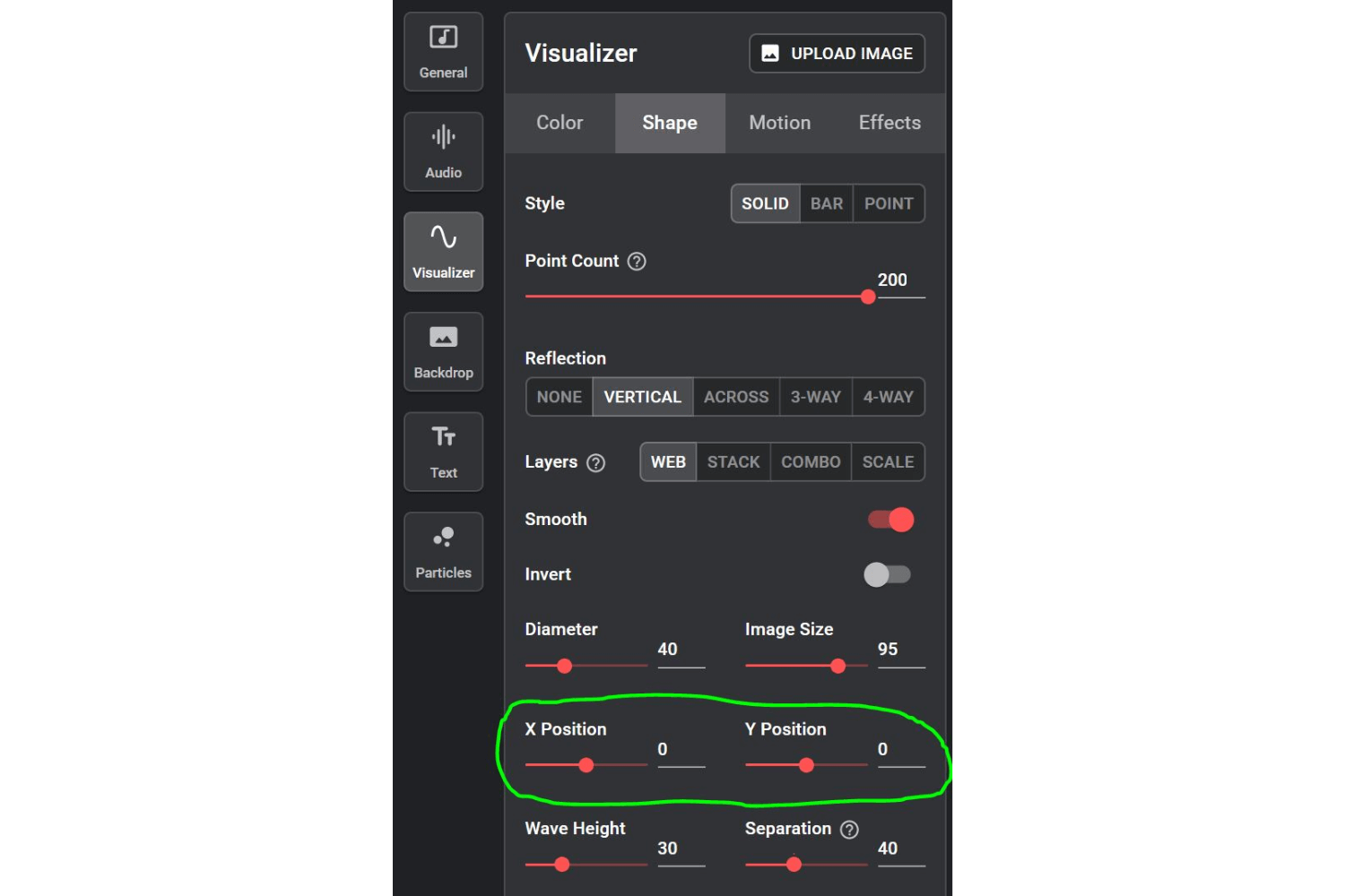 Visualizer shape controls in the Specterr editor